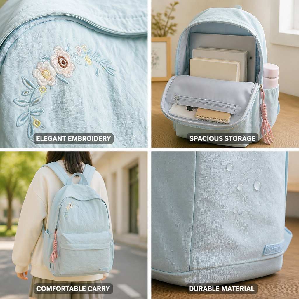 Sac à dos d'école à broderie florale avec plusieurs poches