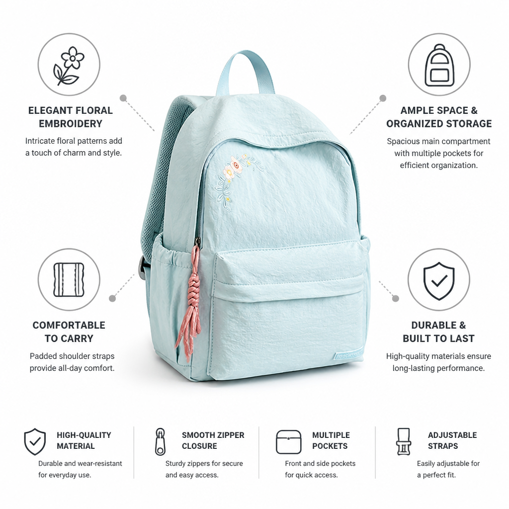 Sac à dos d'école à broderie florale avec plusieurs poches