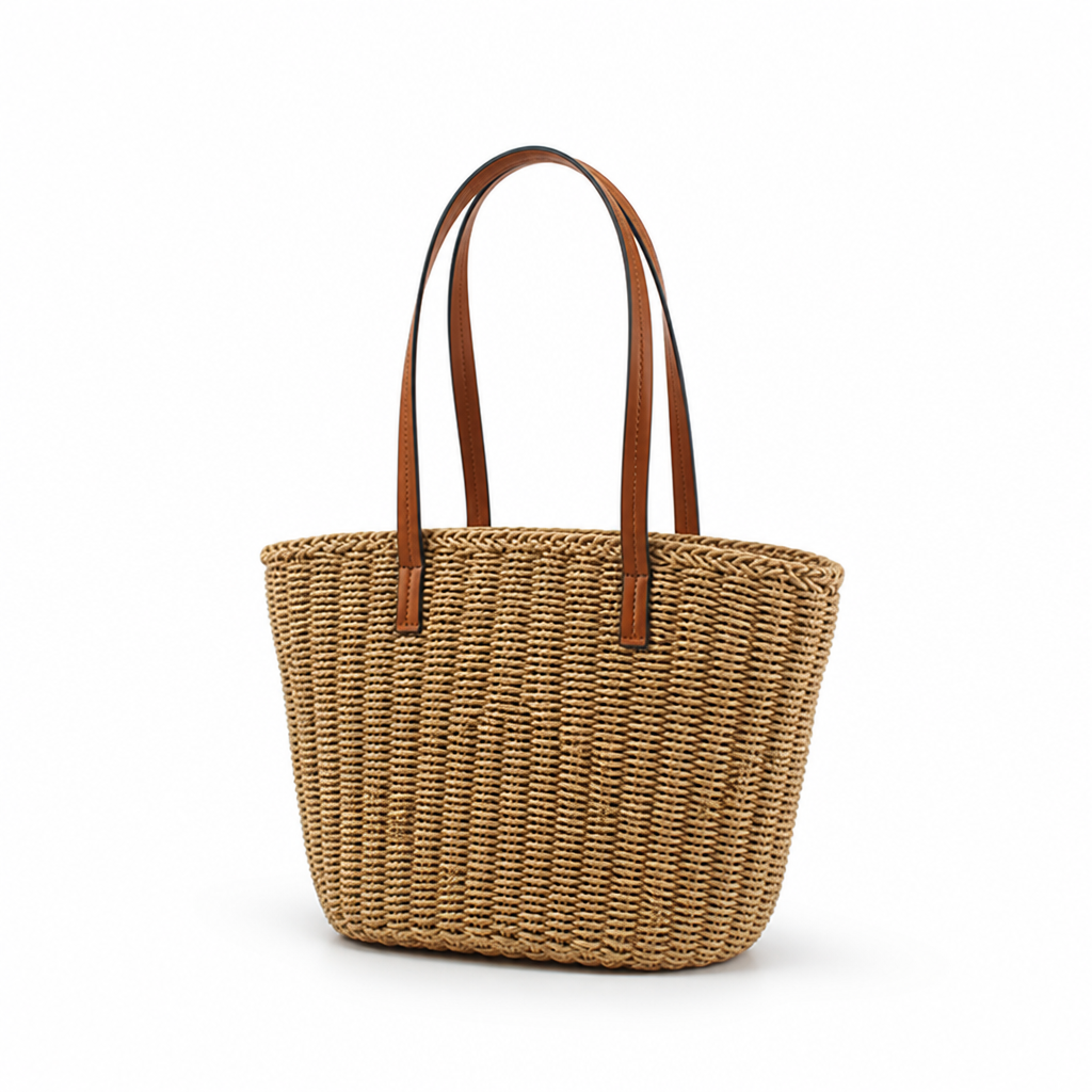 Tote en Roseau Naturel Tissé à la Main (Poignées en Cuir)