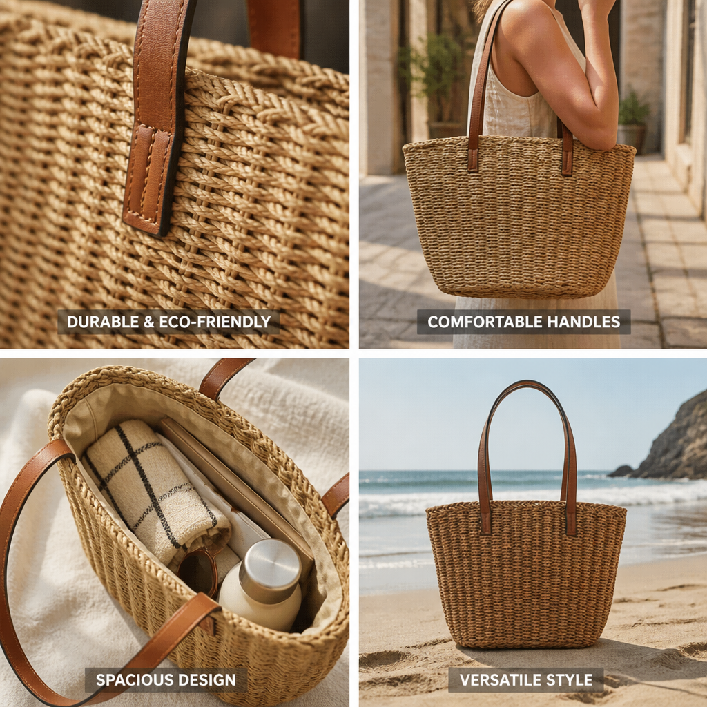 Tote en Roseau Naturel Tissé à la Main (Poignées en Cuir)