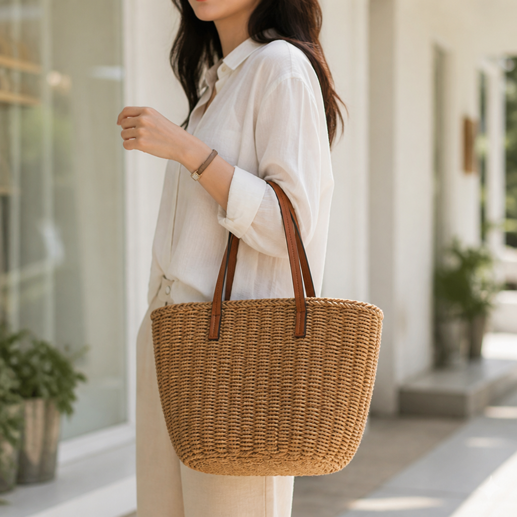 Tote en Roseau Naturel Tissé à la Main (Poignées en Cuir)