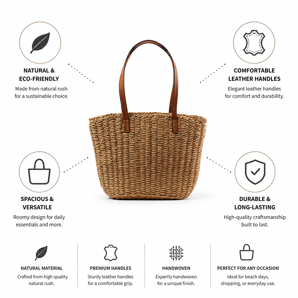 Tote en Roseau Naturel Tissé à la Main (Poignées en Cuir)