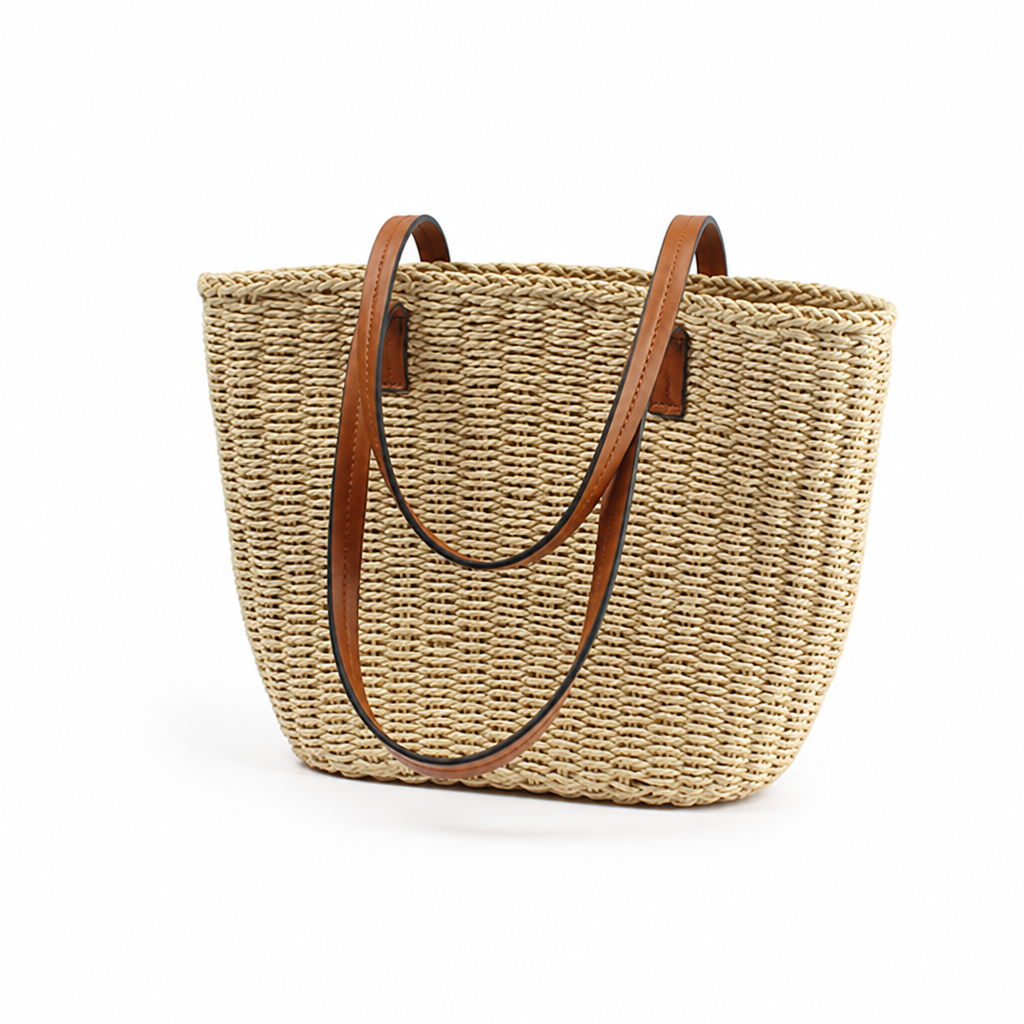 Tote en Roseau Naturel Tissé à la Main (Poignées en Cuir)