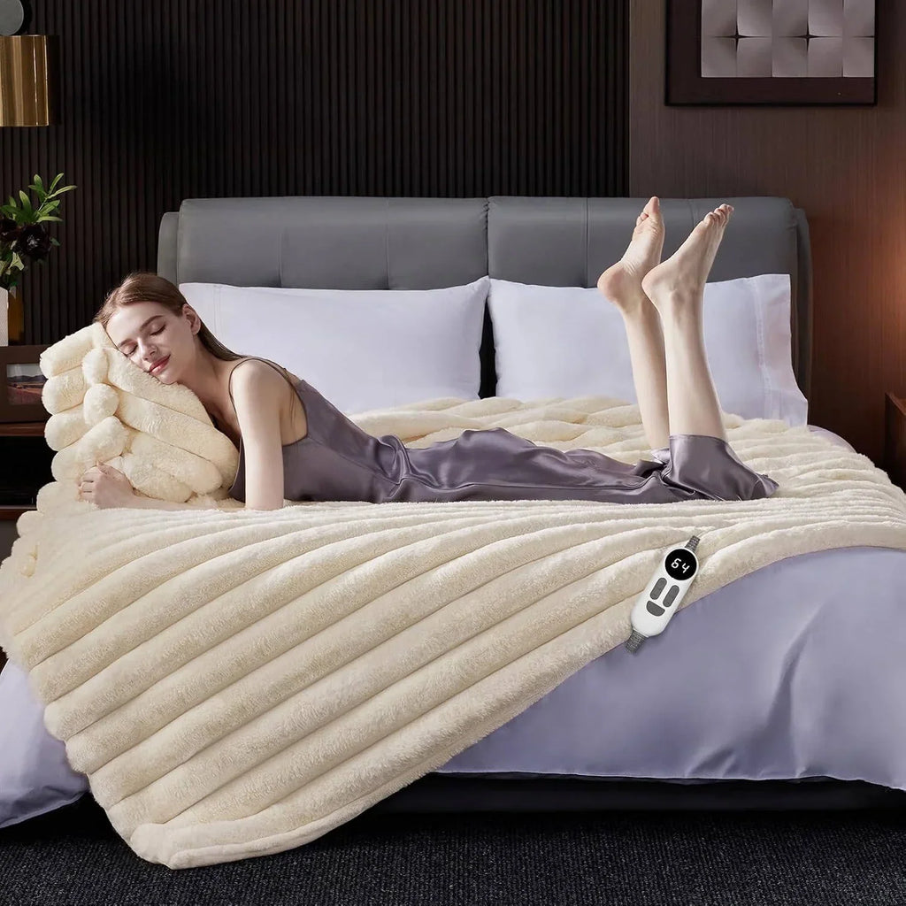 Couverture Chauffante Électrique en Fausse Fourrure avec 12 Niveaux de Chaleur