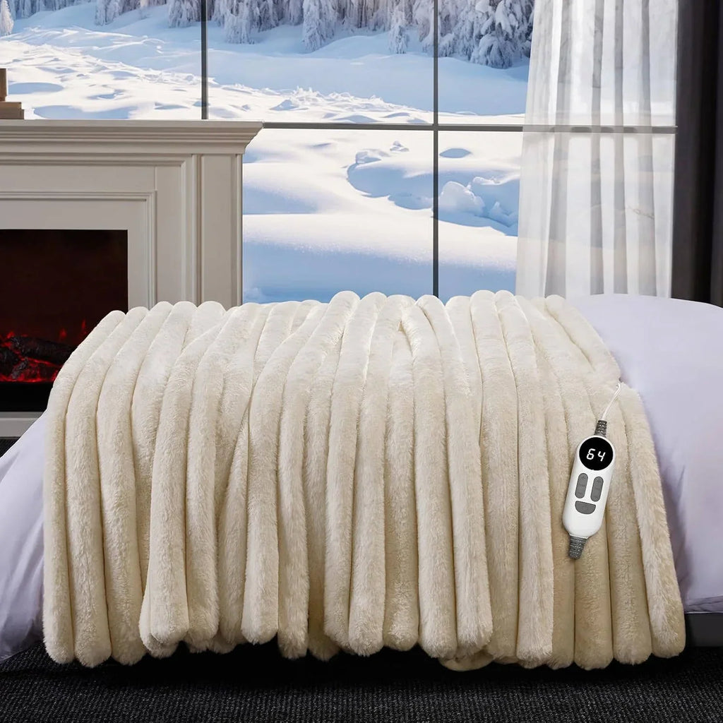 Couverture Chauffante Électrique en Fausse Fourrure avec 12 Niveaux de Chaleur