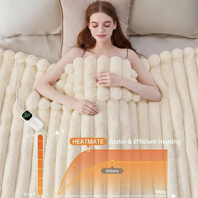 Couverture Chauffante Électrique en Fausse Fourrure avec 12 Niveaux de Chaleur