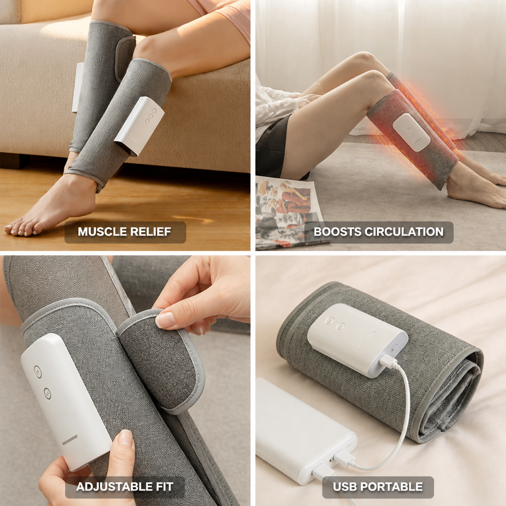 Massager de jambes chauffant alimenté par USB (Enveloppements ajustables et intensité)
