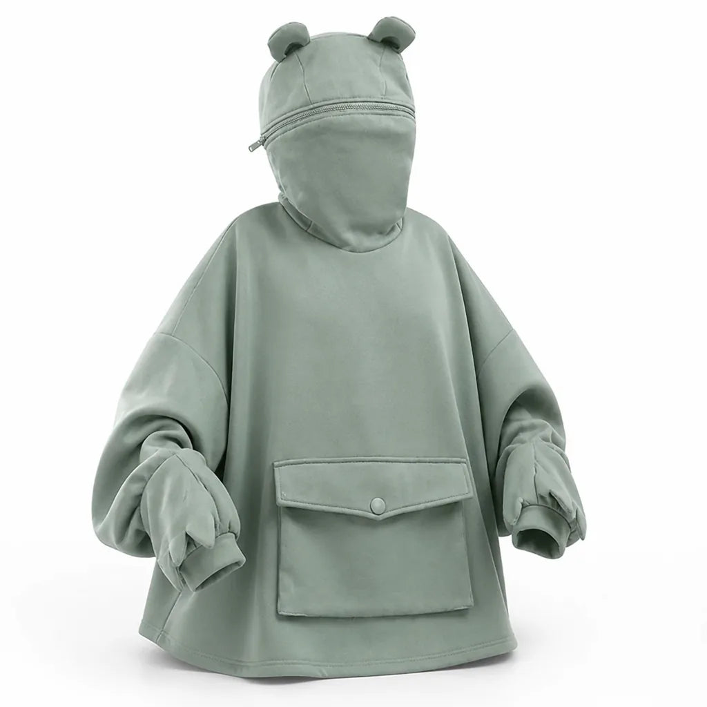 Hoodie Zip-Up à Capuche et Manches Style Grenouille en Coton Oversize