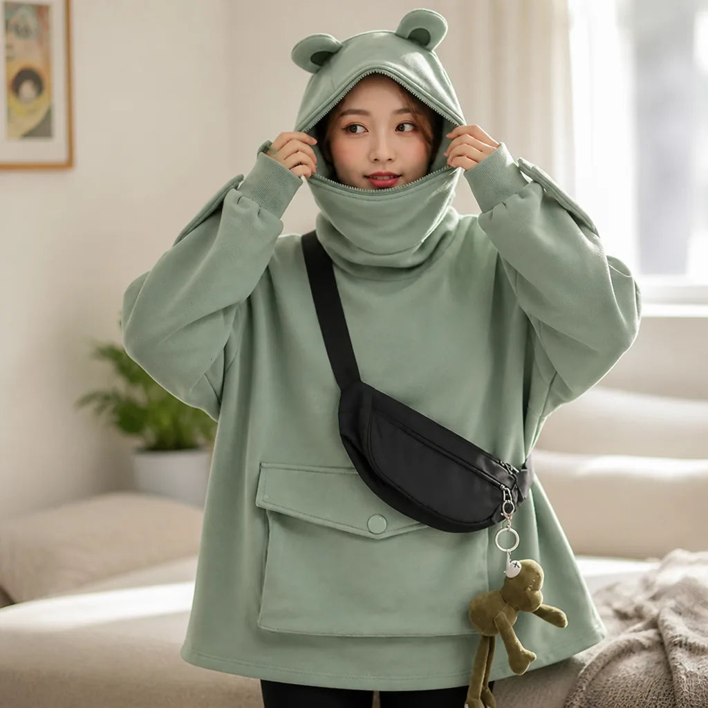 Hoodie Zip-Up à Capuche et Manches Style Grenouille en Coton Oversize