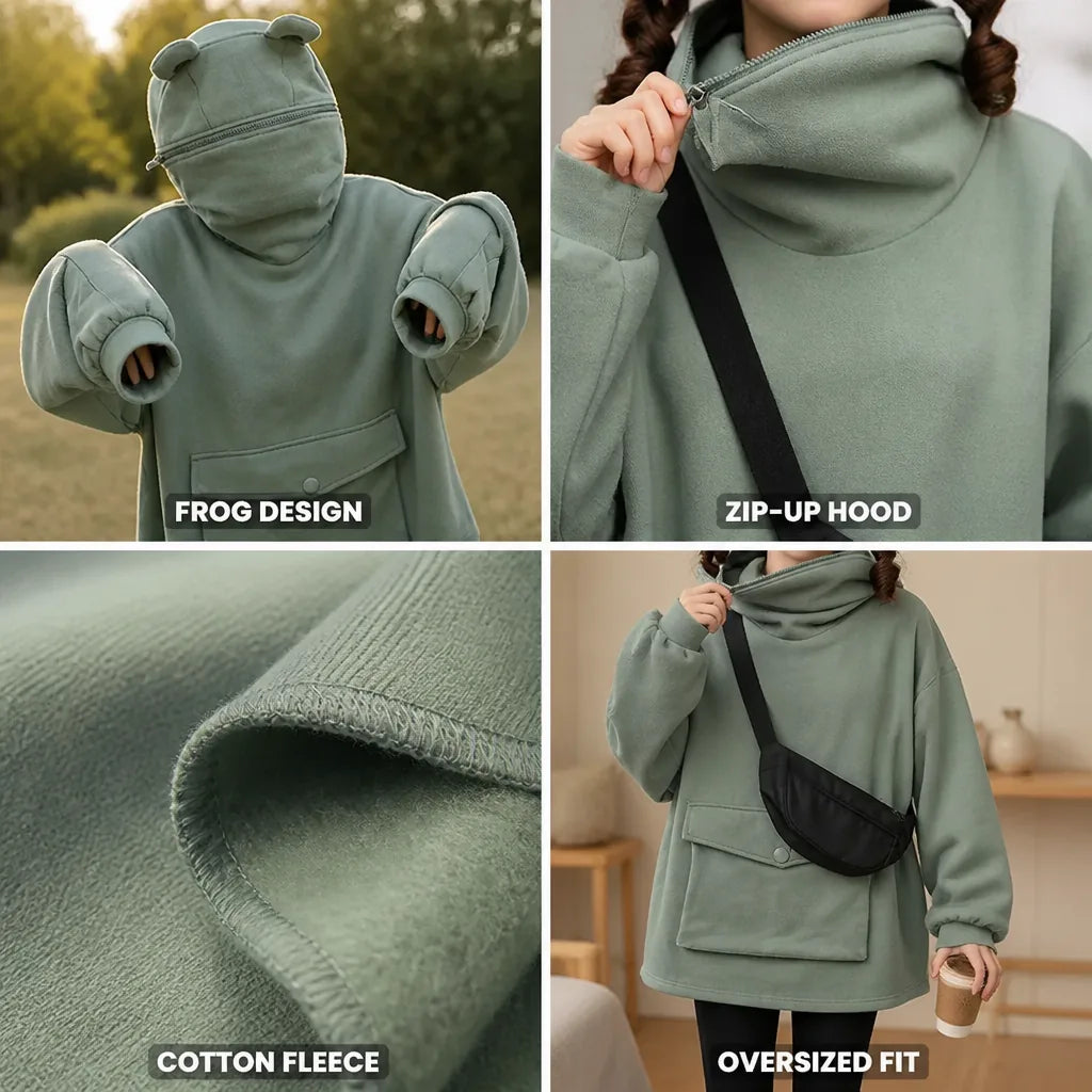 Hoodie Zip-Up à Capuche et Manches Style Grenouille en Coton Oversize