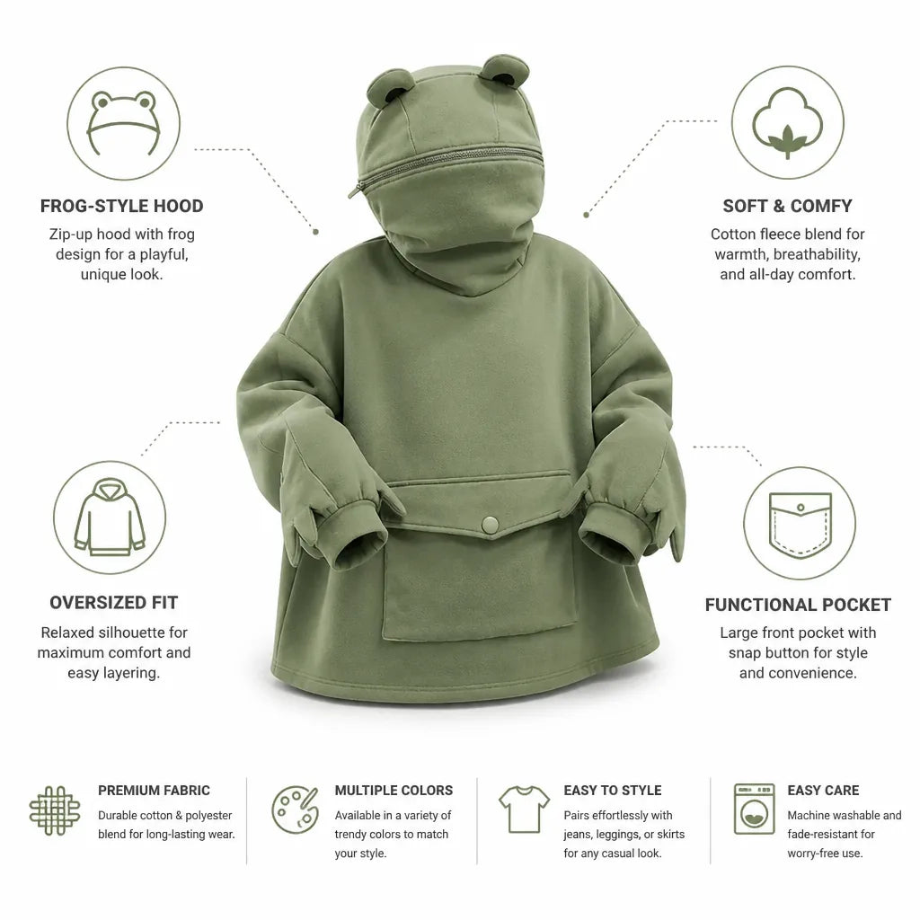 Hoodie Zip-Up à Capuche et Manches Style Grenouille en Coton Oversize