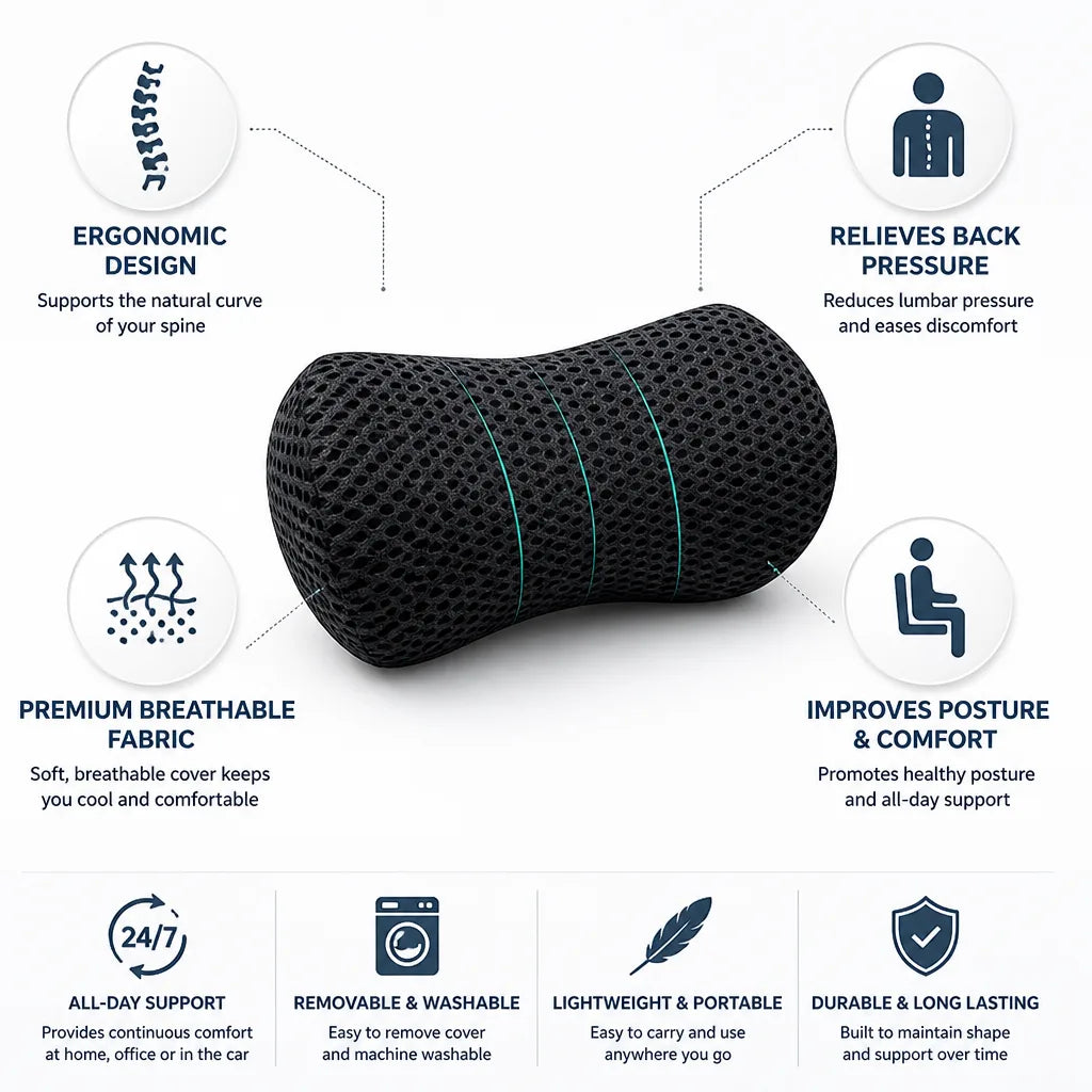 Coussin de soutien lombaire, contour ergonomique, soulagement des douleurs dorsales