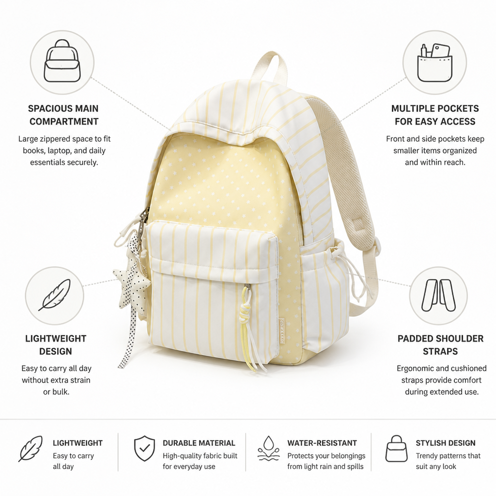 Sac à dos d'école léger avec bretelles rembourrées et multiples poches