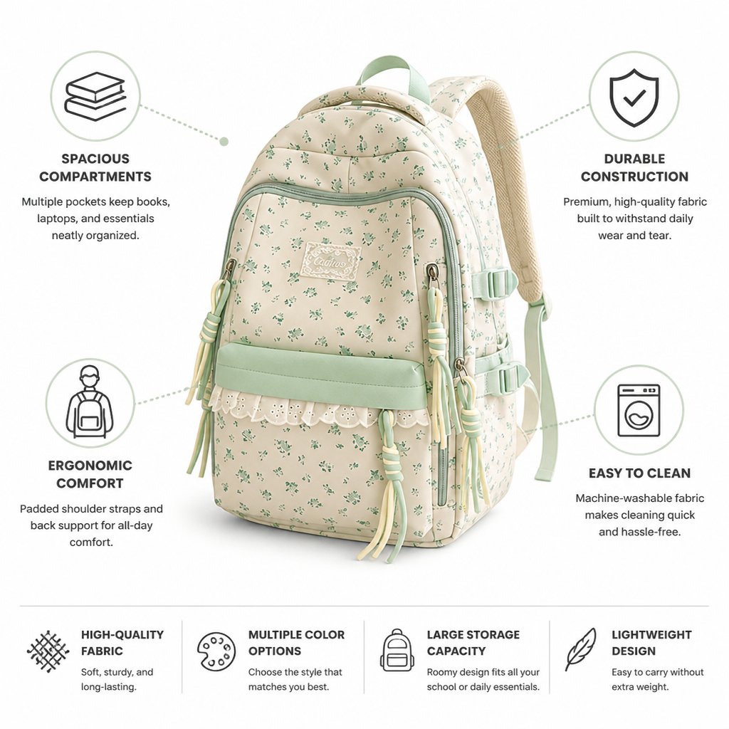Sac à dos scolaire à imprimé floral lavable en machine