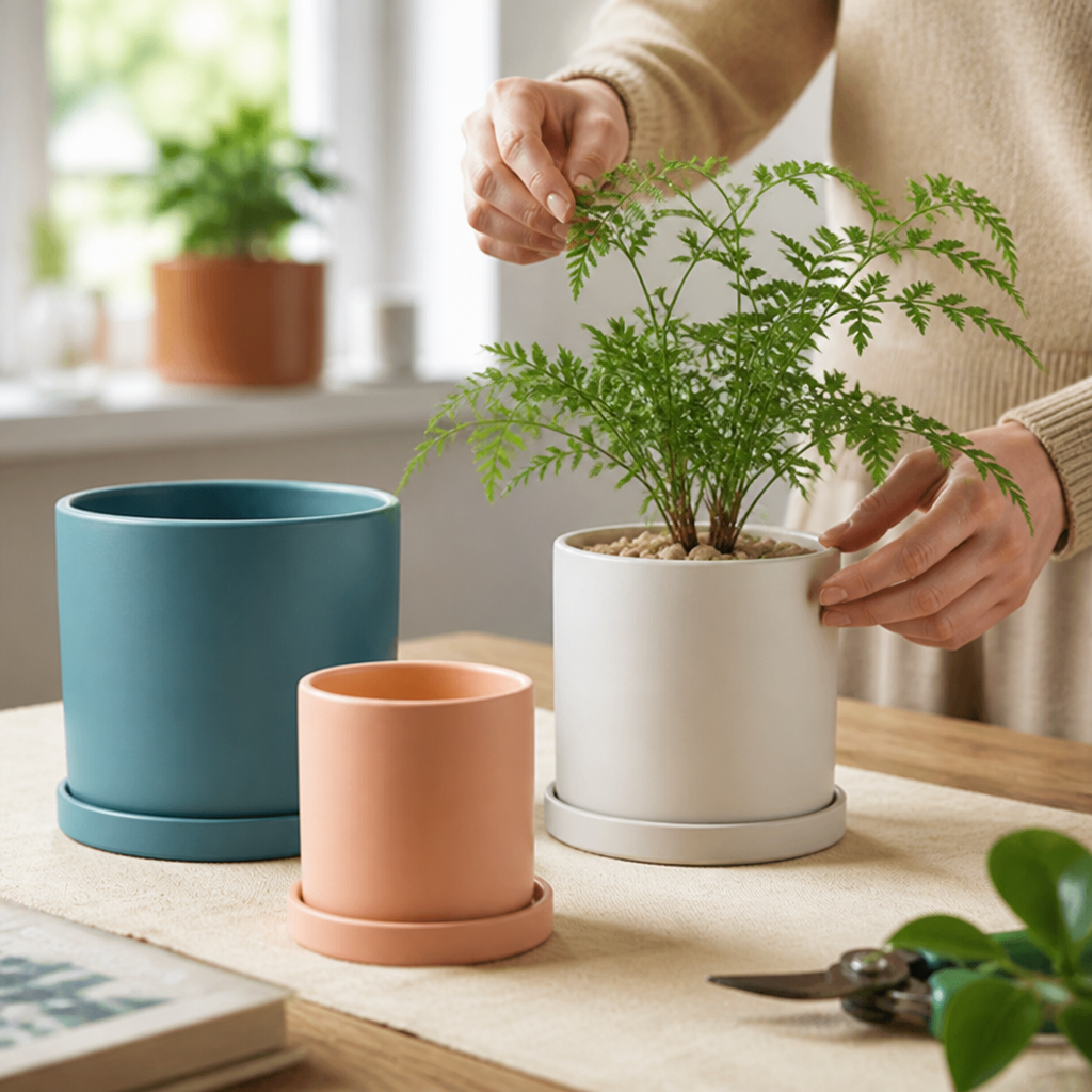 Pot de plante d'intérieur en céramique mate émaillée (trou de drainage et soucoupe)