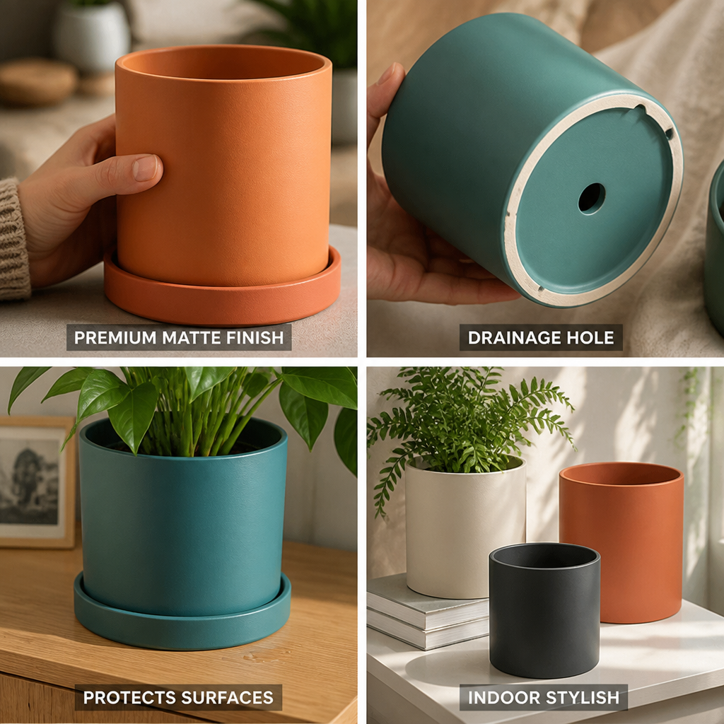Pot de plante d'intérieur en céramique mate émaillée (trou de drainage et soucoupe)