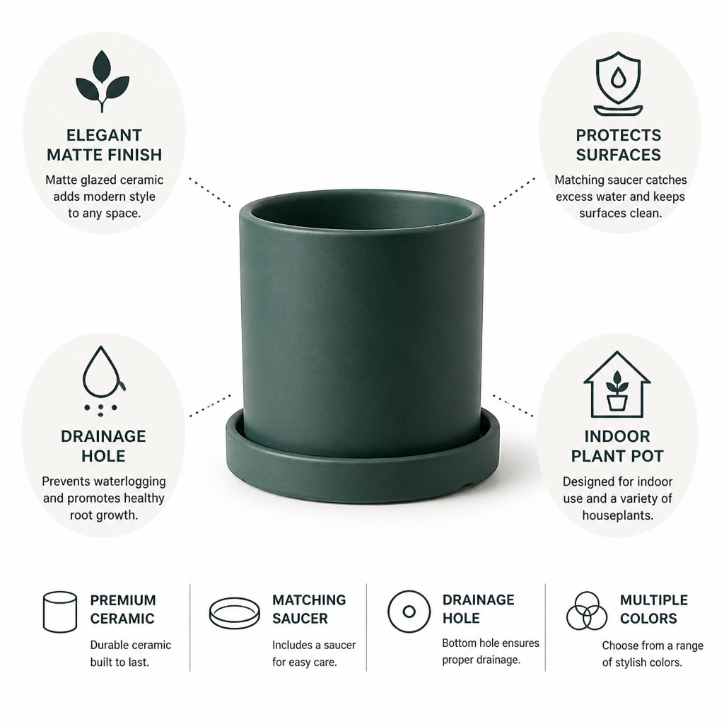 Pot de plante d'intérieur en céramique mate émaillée (trou de drainage et soucoupe)