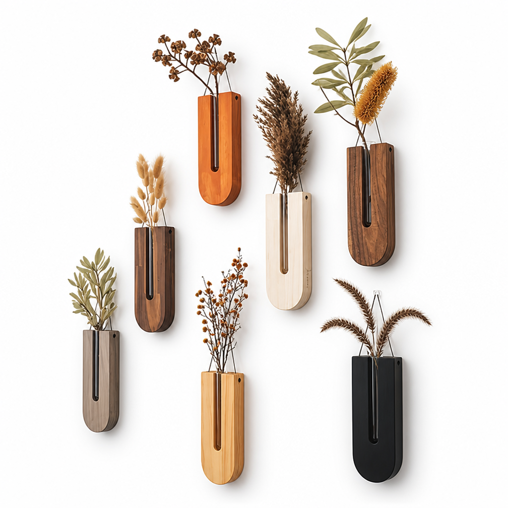 Vases Muraux en Pin Naturel et Tubes en Verre (Ensemble de 7)