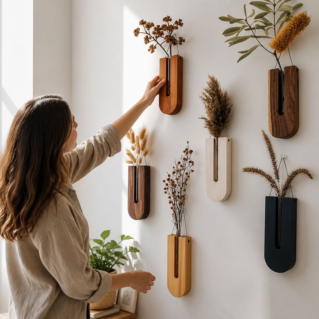 Vases Muraux en Pin Naturel et Tubes en Verre (Ensemble de 7)