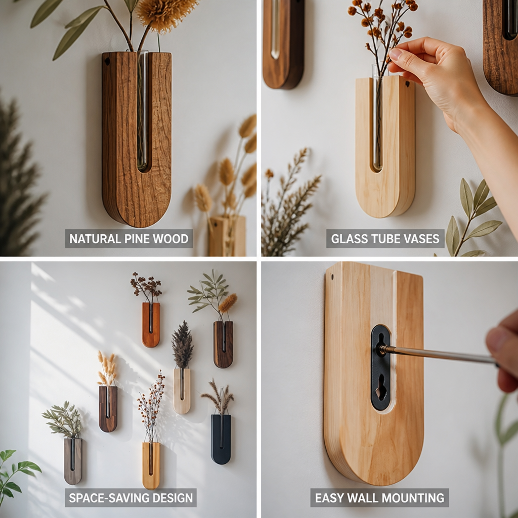 Vases Muraux en Pin Naturel et Tubes en Verre (Ensemble de 7)