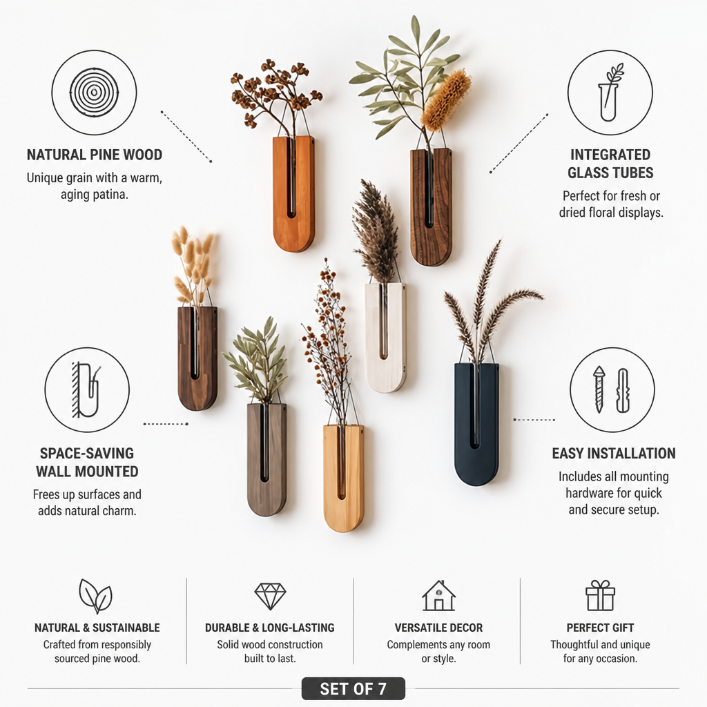Vases Muraux en Pin Naturel et Tubes en Verre (Ensemble de 7)