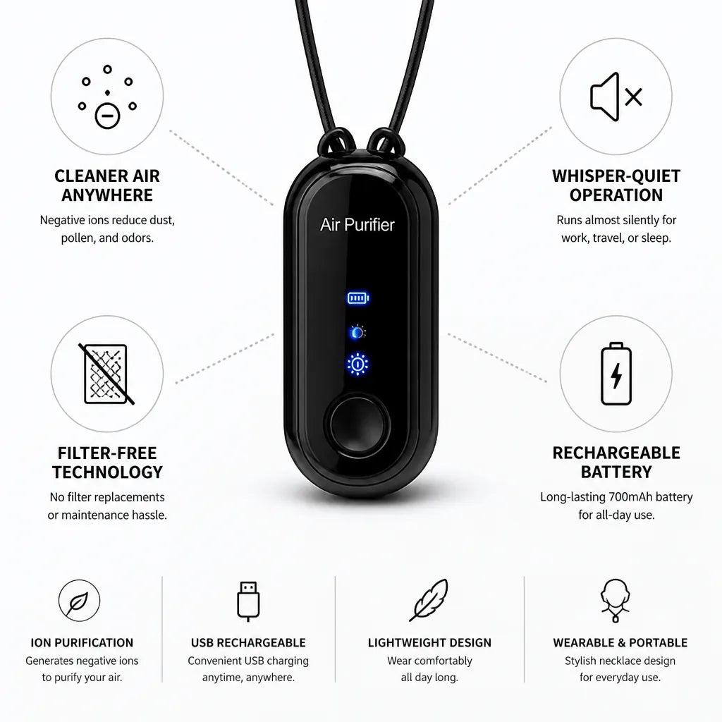 Purificateur d'air de cou sans filtre, ion rechargeable et silencieux