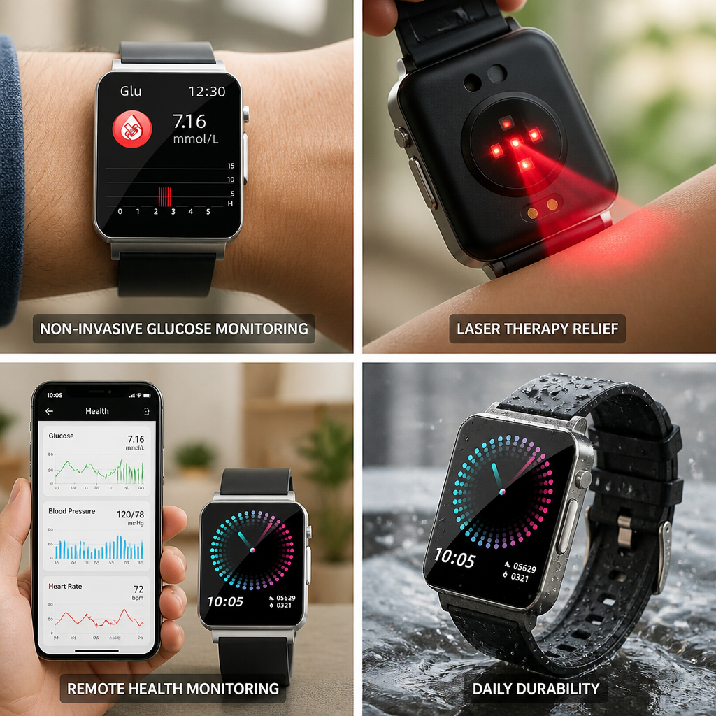Montre intelligente de surveillance de la glycémie non invasive et thérapie au laser