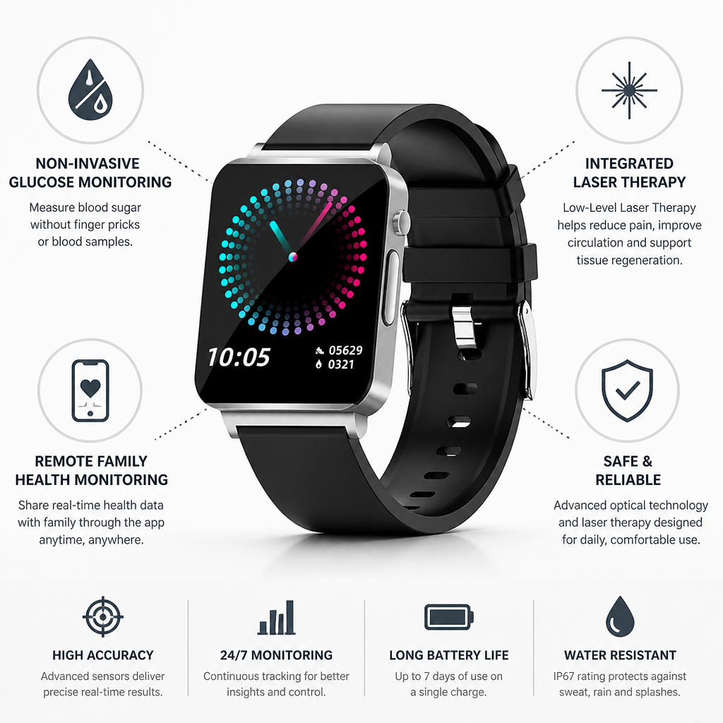 Montre intelligente de surveillance de la glycémie non invasive et thérapie au laser