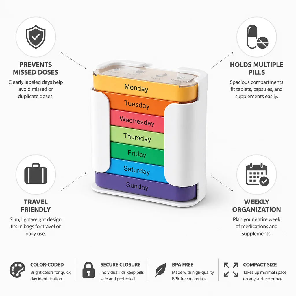 Organisateur de Pilules 7 Jours Étiqueté Code Couleur Slim Voyage