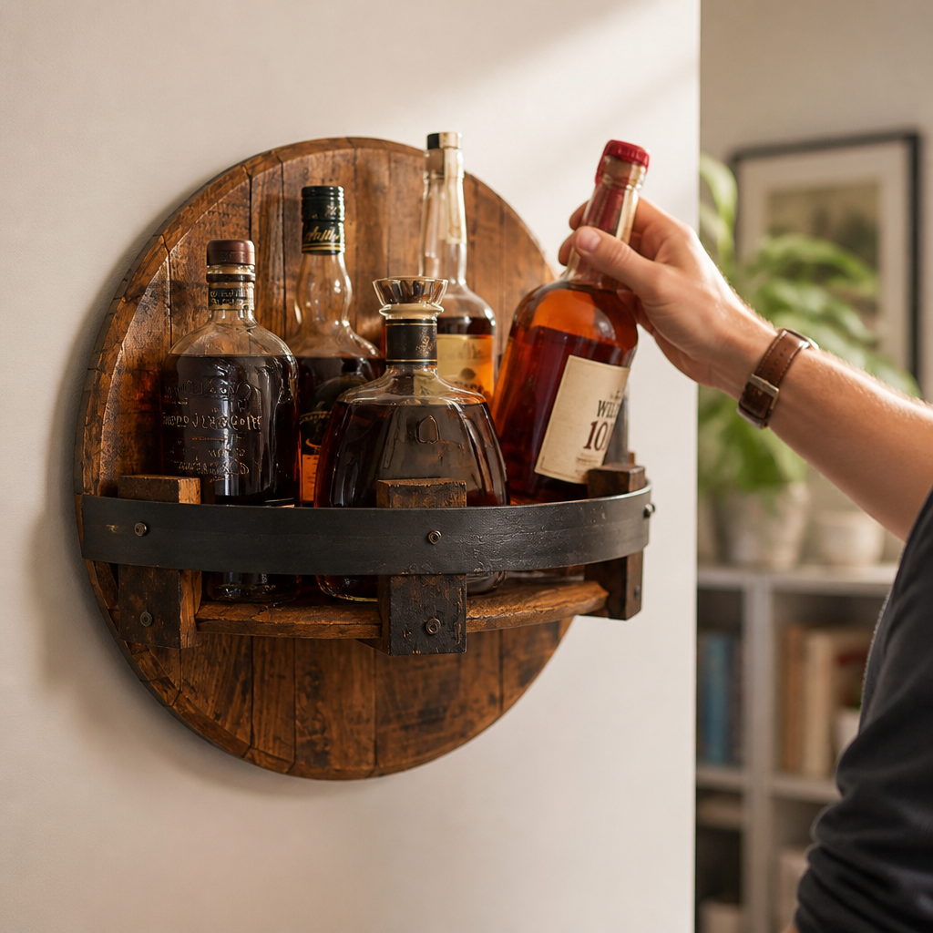 Étagère Murale à Vin en Chêne Récupéré et Bandes Métalliques (7 Bouteilles)