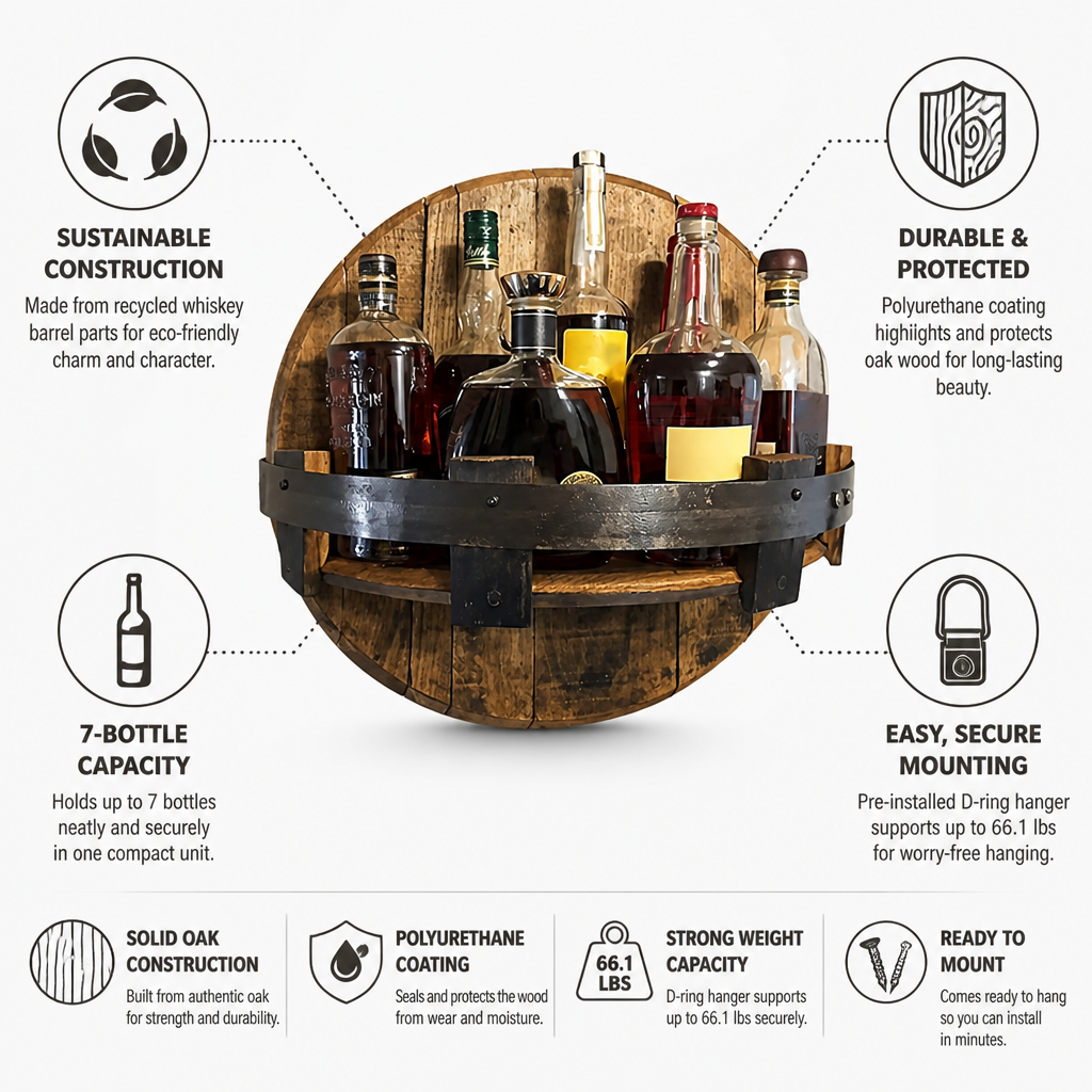 Étagère Murale à Vin en Chêne Récupéré et Bandes Métalliques (7 Bouteilles)