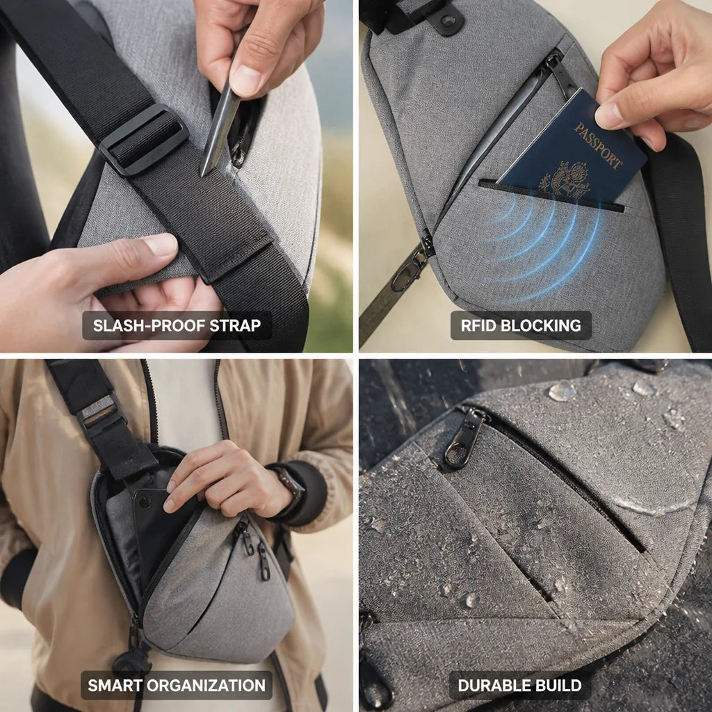 Sac Bandoulière avec Sangle Anti-Coupure & Blocage RFID