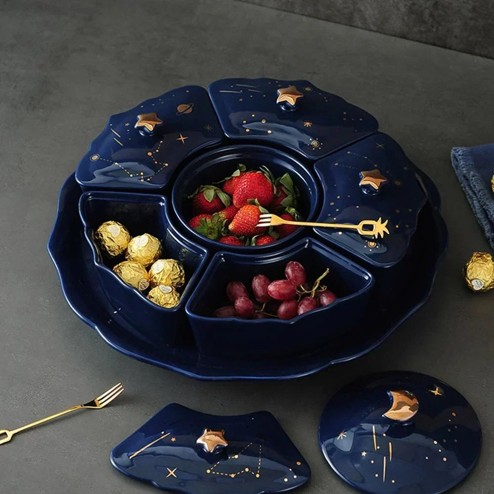 Assiette à Snacks en Céramique Rotative avec 5 Compartiments – Design Ciel Étoilé pour Apéritifs et Snacks