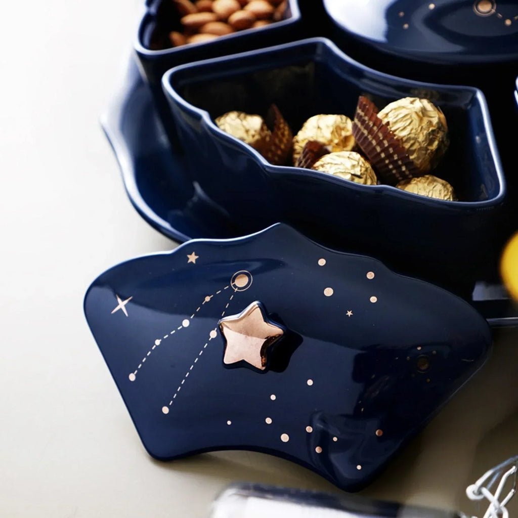 Assiette à Snacks en Céramique Rotative avec 5 Compartiments – Design Ciel Étoilé pour Apéritifs et Snacks