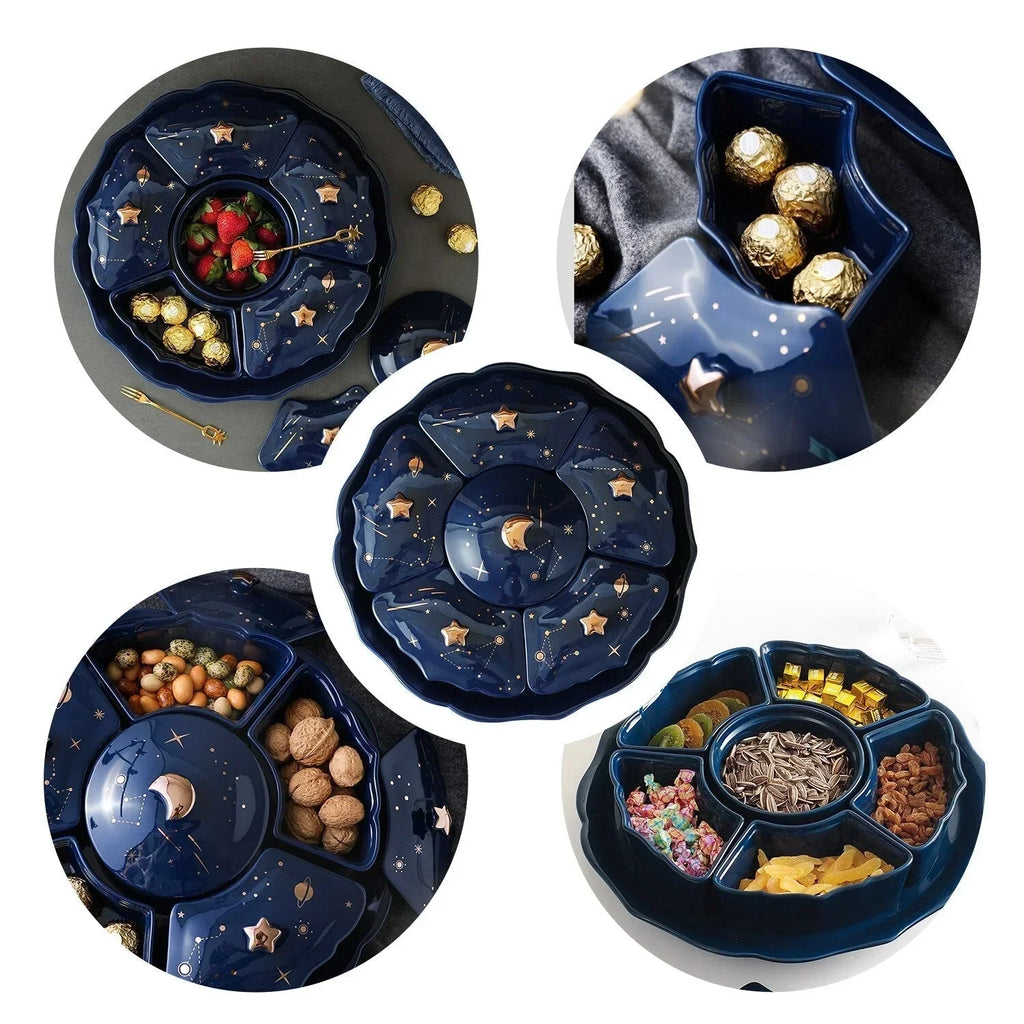 Assiette à Snacks en Céramique Rotative avec 5 Compartiments – Design Ciel Étoilé pour Apéritifs et Snacks