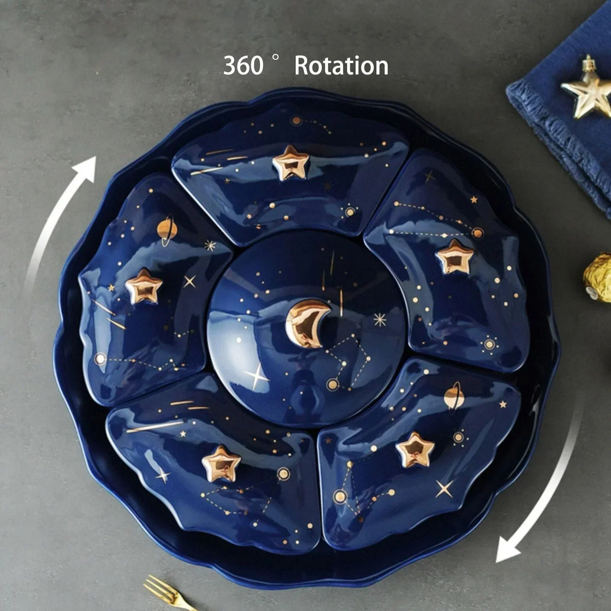 Assiette à Snacks en Céramique Rotative avec 5 Compartiments – Design Ciel Étoilé pour Apéritifs et Snacks