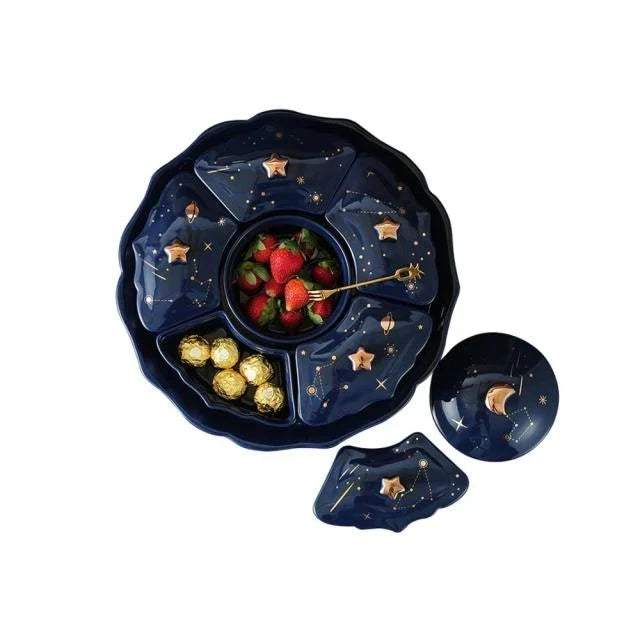 Assiette à Snacks en Céramique Rotative avec 5 Compartiments – Design Ciel Étoilé pour Apéritifs et Snacks