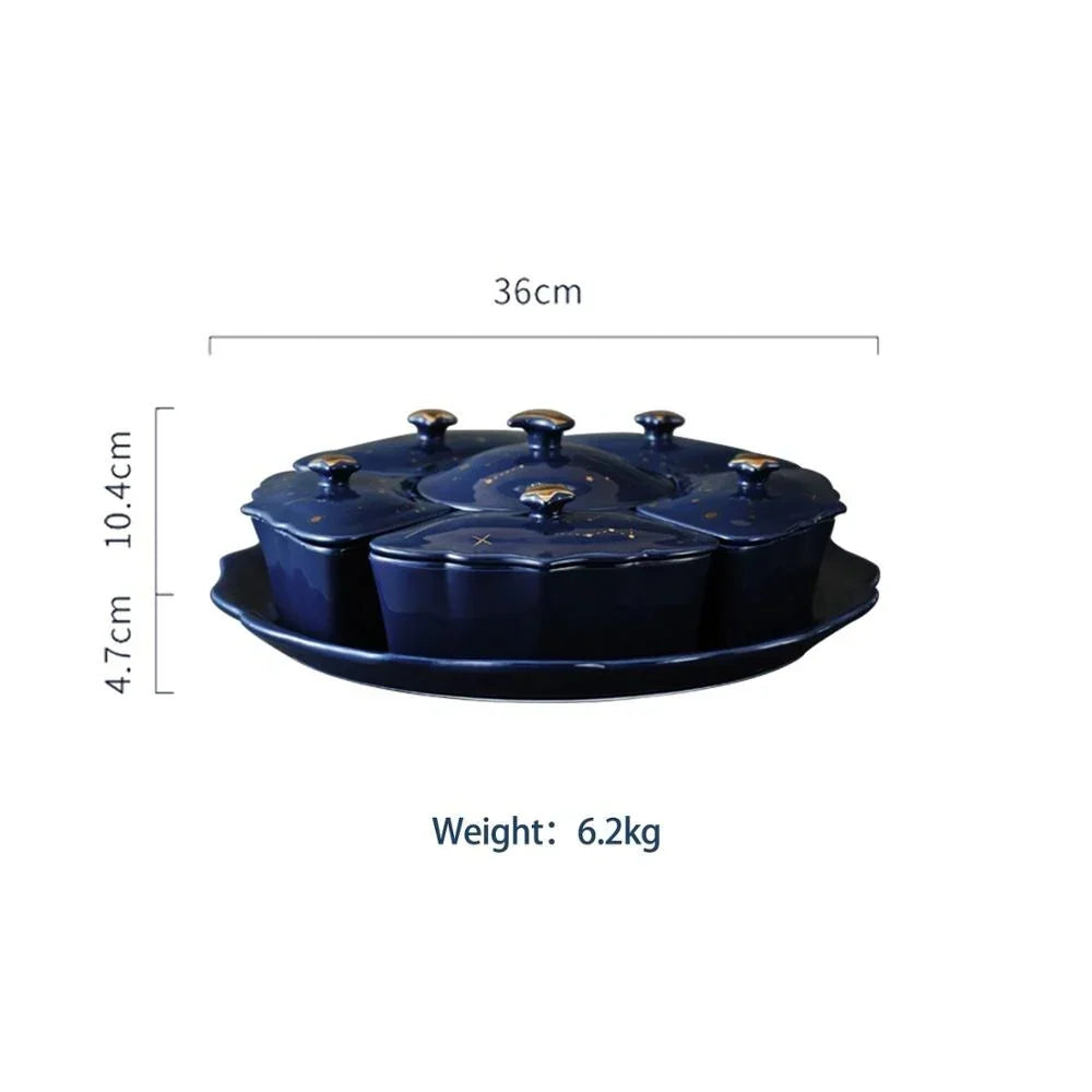Assiette à Snacks en Céramique Rotative avec 5 Compartiments – Design Ciel Étoilé pour Apéritifs et Snacks