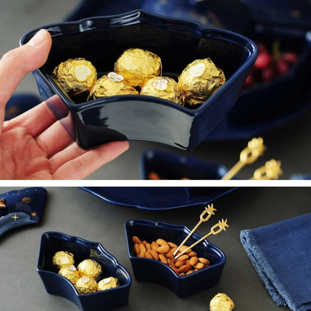 Assiette à Snacks en Céramique Rotative avec 5 Compartiments – Design Ciel Étoilé pour Apéritifs et Snacks