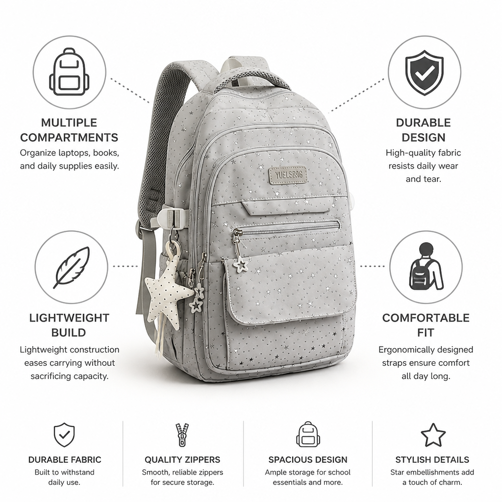 Sac à dos d'école à plusieurs compartiments orné d'étoiles