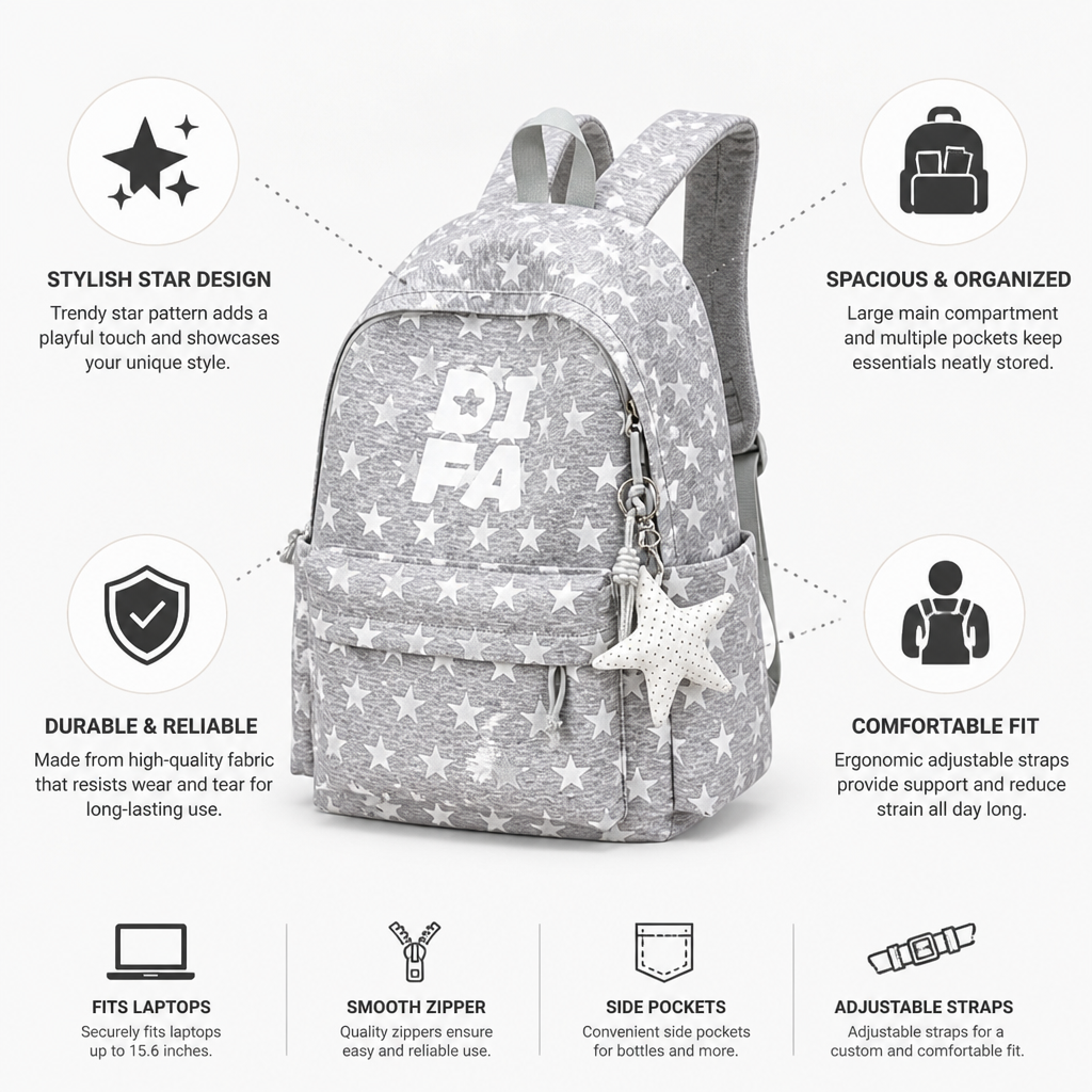 Sac à dos d'école spacieux et durable avec motif étoilé