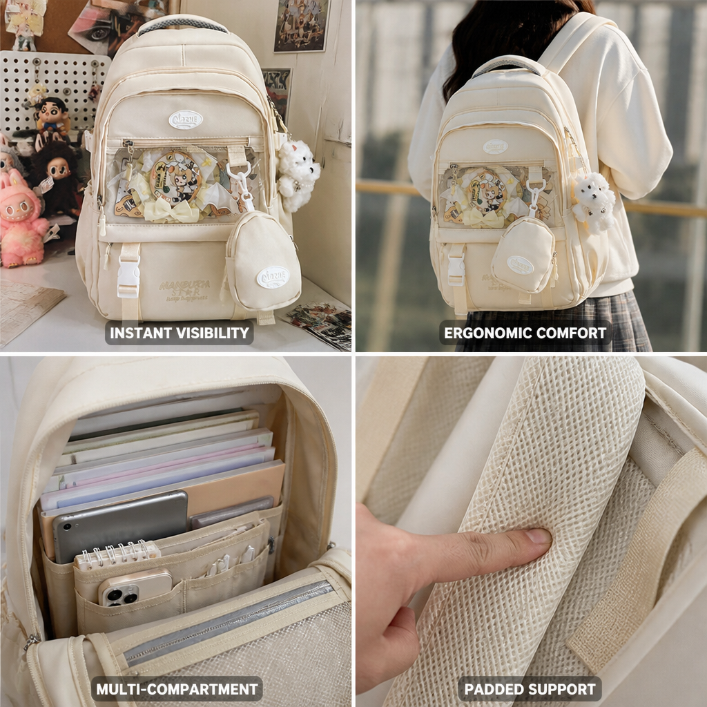 Sac à dos scolaire avec panneau avant transparent et bretelles rembourrées