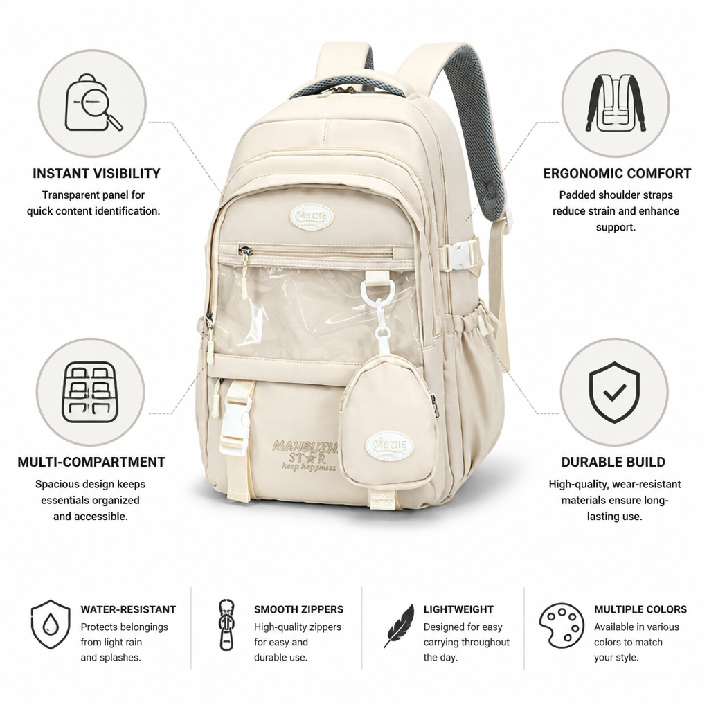 Sac à dos scolaire avec panneau avant transparent et bretelles rembourrées