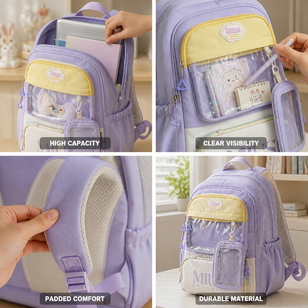 Sac à dos transparent pour enfants avec poche avant (bandoulières rembourrées)