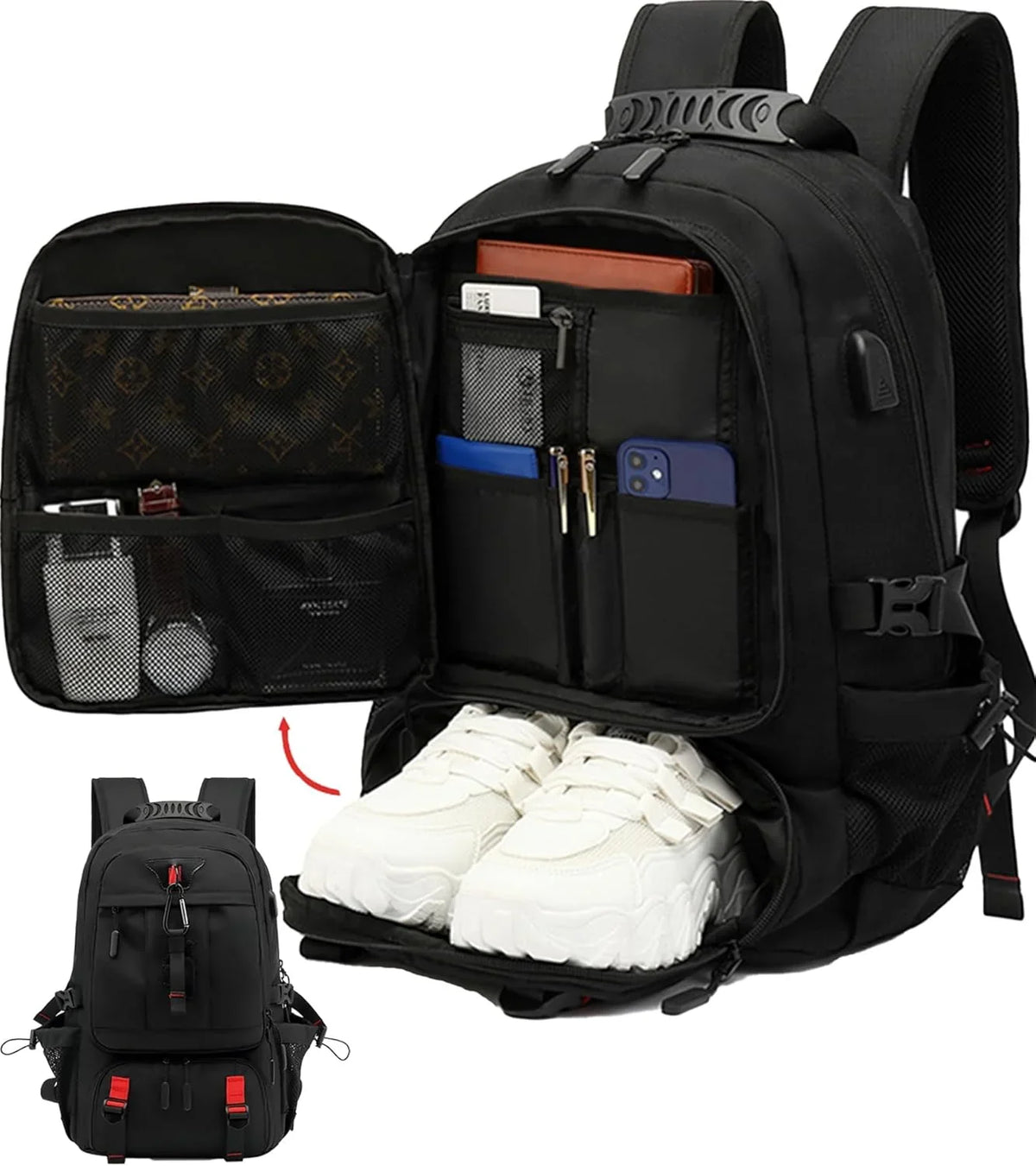 Sac à dos de voyage extensible 60L avec compartiment pour ordinateur portable rembourré et USB intégré