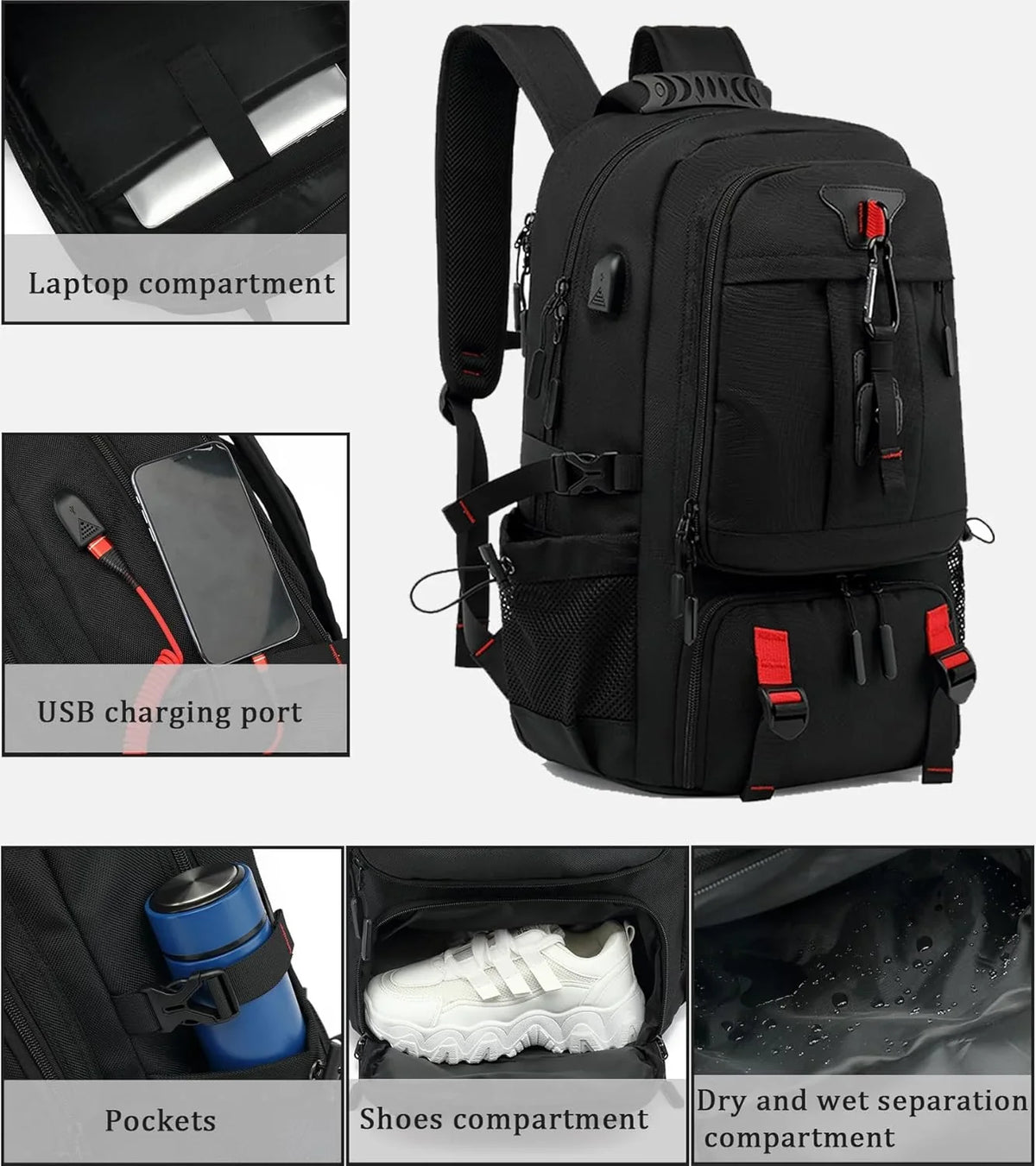 Sac à dos de voyage extensible 60L avec compartiment pour ordinateur portable rembourré et USB intégré