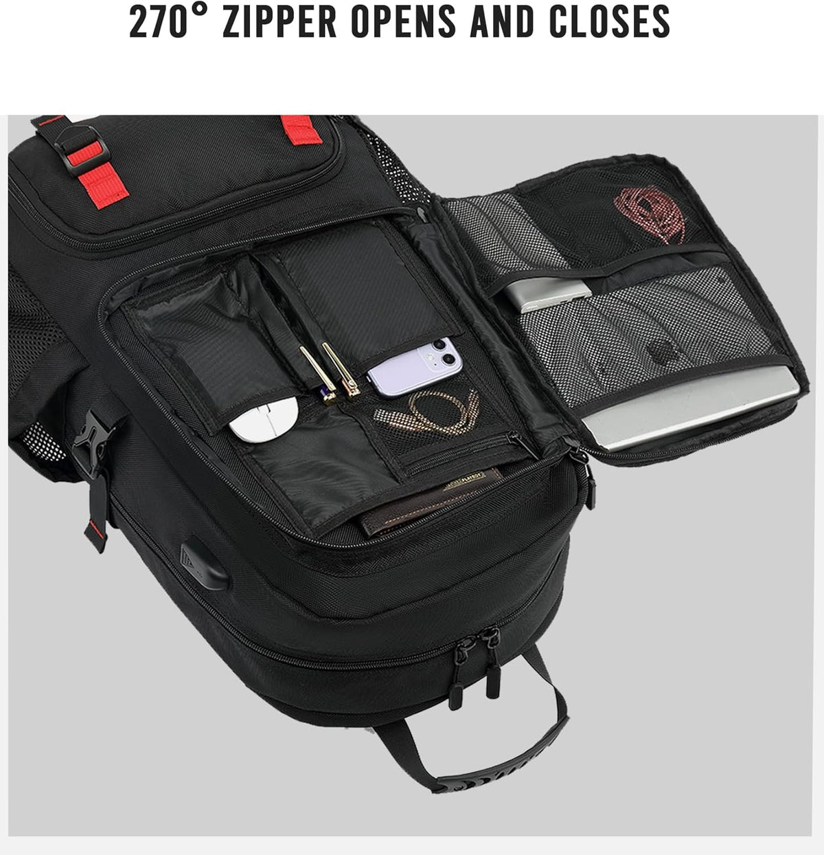 Sac à dos de voyage extensible 60L avec compartiment pour ordinateur portable rembourré et USB intégré
