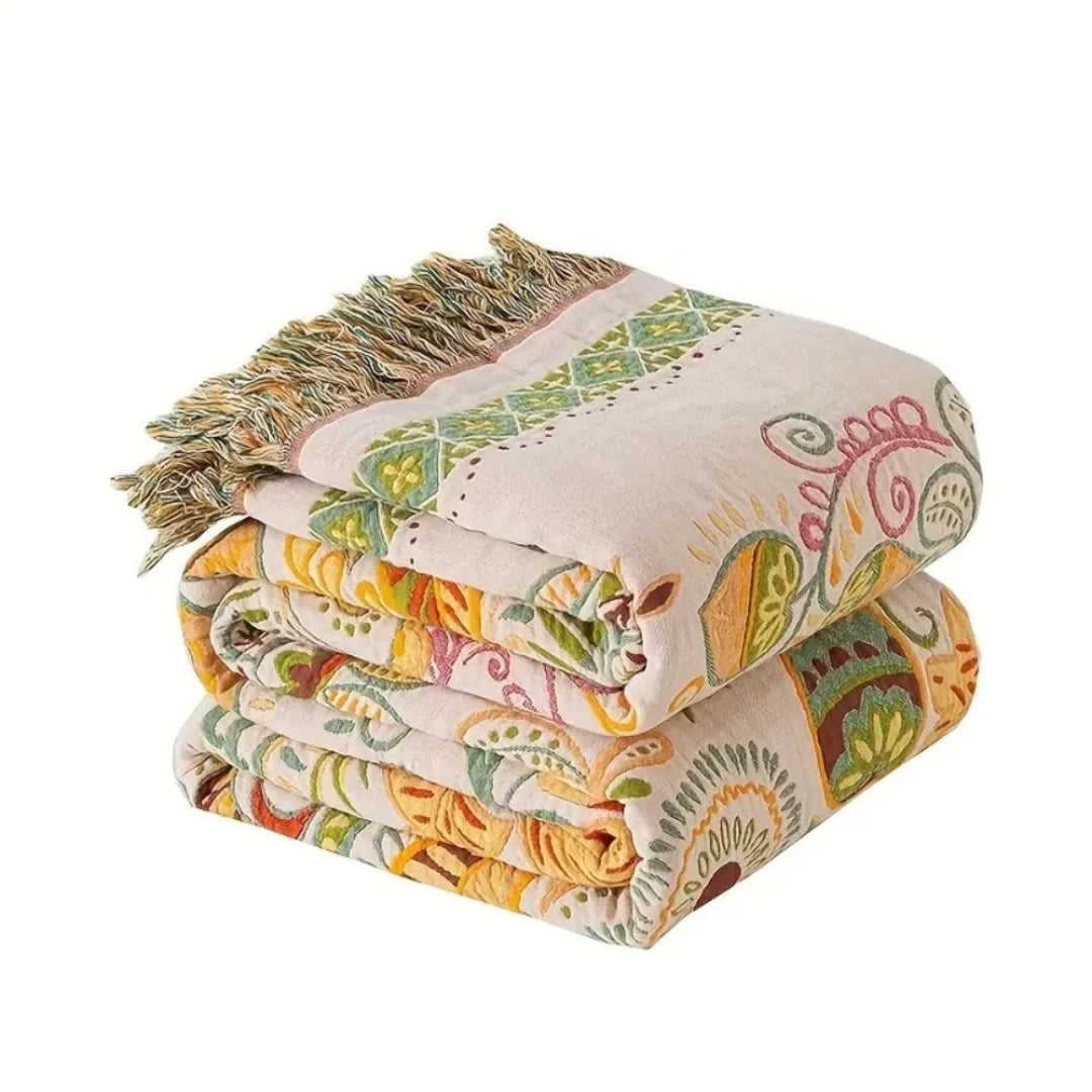 Drap Boho - Réversible avec Feuilles d'Automne et Franges
