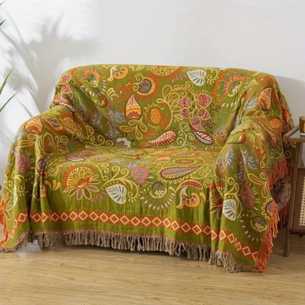 Drap Boho - Réversible avec Feuilles d'Automne et Franges
