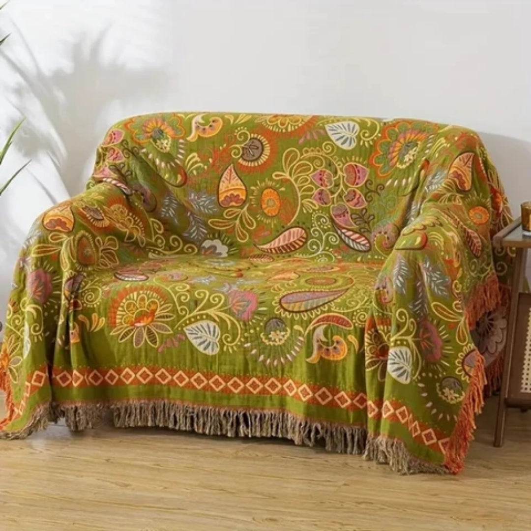 Drap Boho - Réversible avec Feuilles d'Automne et Franges